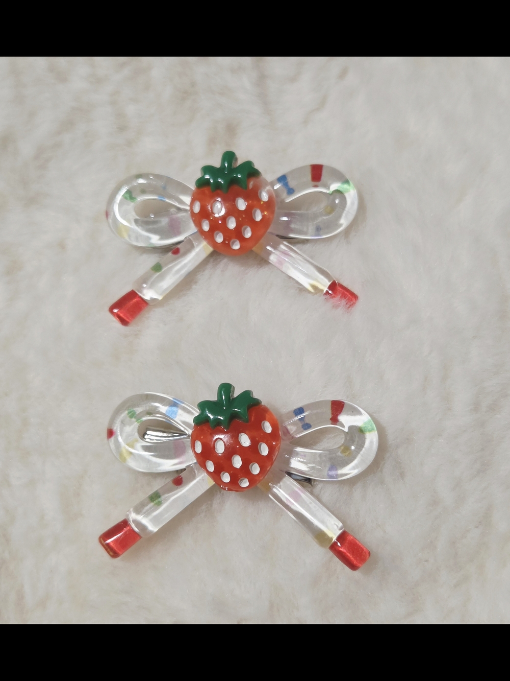 Kids Clear Bow Hair Clips with Red Strawberry Accent - Cute Kids Accessories